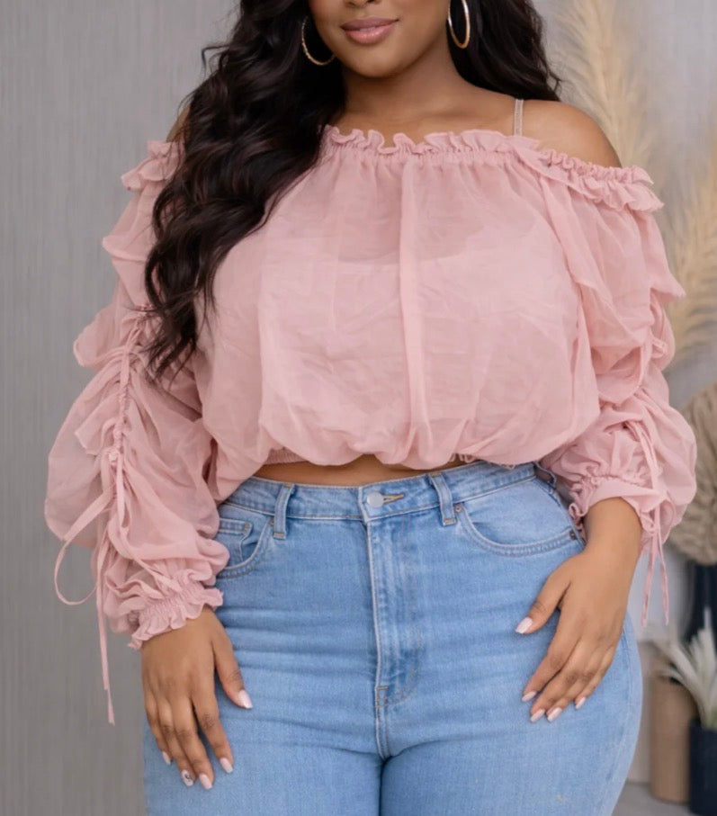 PINK OFF SHOULDER RUFFLE CROP BLOUSE SET (PLUS)