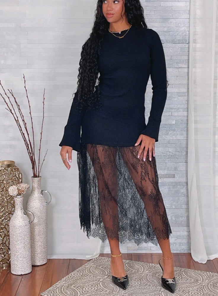 Long Sleeve Lace Trim Dress