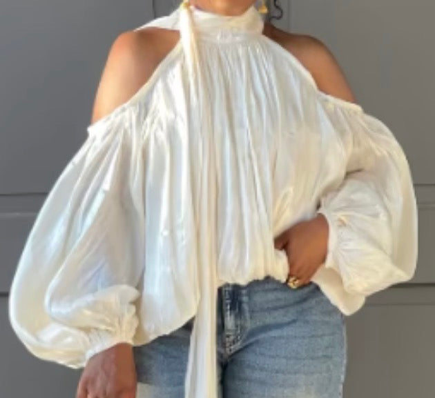 OPEN SHOULDER HALTER DRAPED BUBBLE