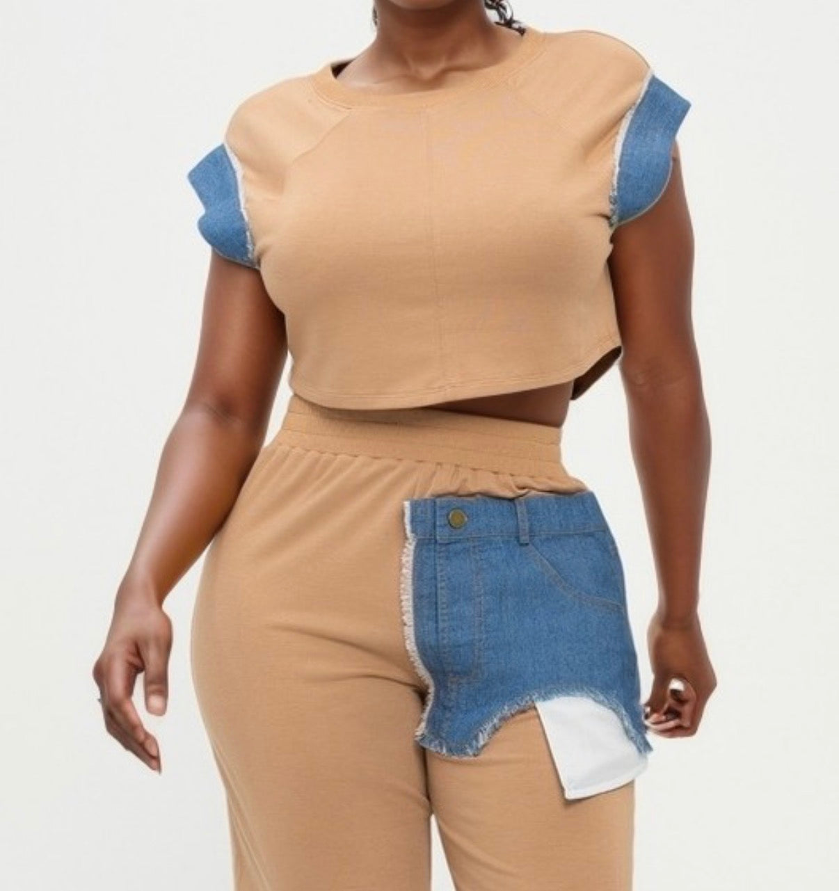 Color Block Denim Sleeve Set