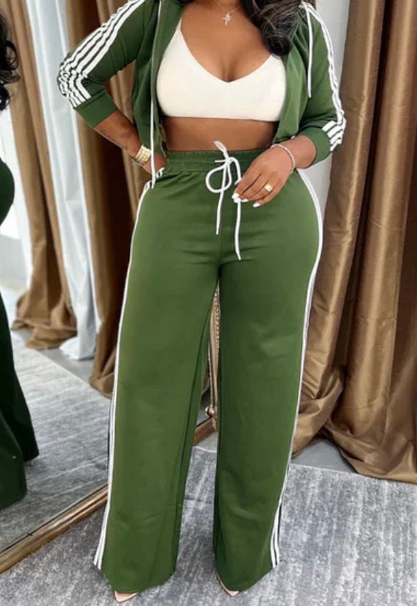 SIDE STRIPED ZIP UP TOP & PANTS SET Green