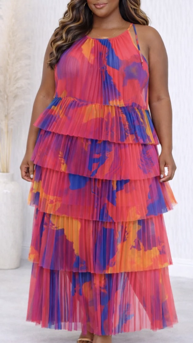 PRINTED LAYERED TULLE LONG DRESS