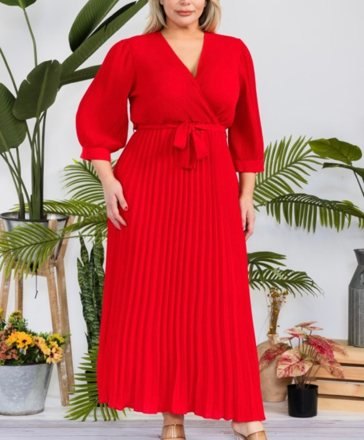 Plus Size Solid Pleated Maxi Dress Red