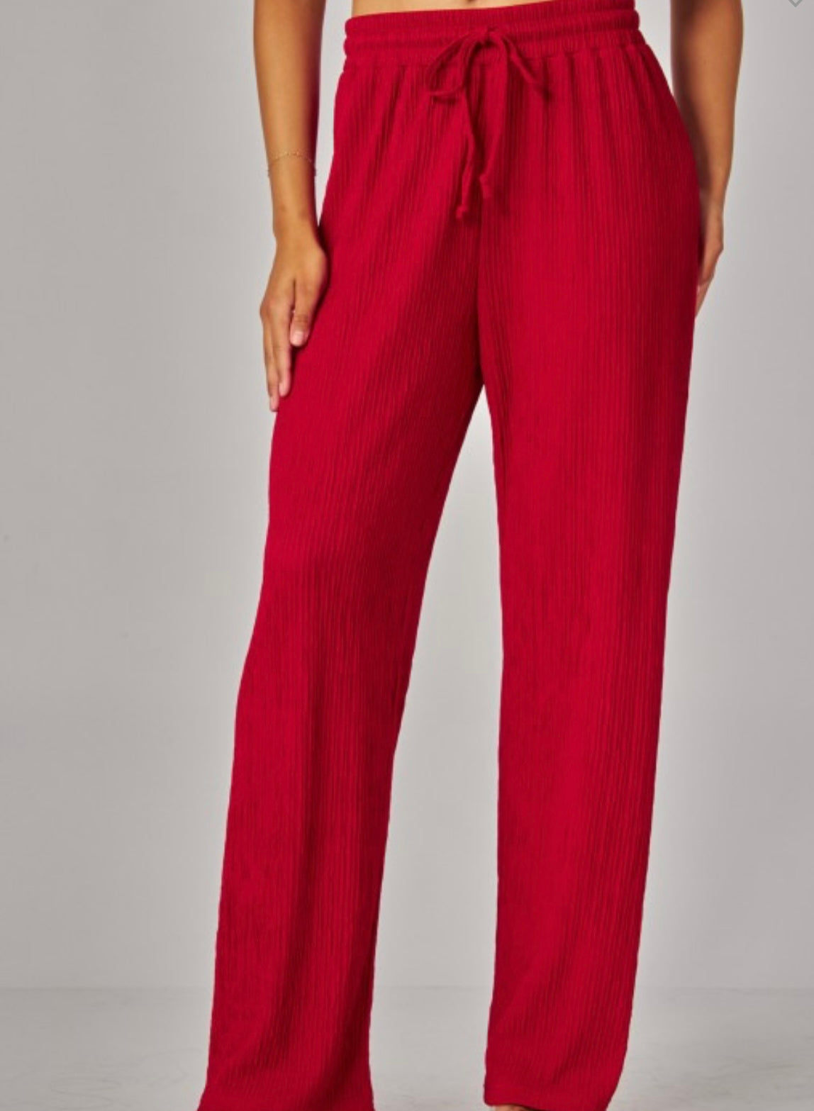 Crinkled Plisse Drawstring Pants CRANBERRY