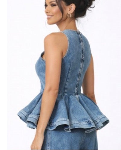 Sleeveless Washed Denim Peplum Top
