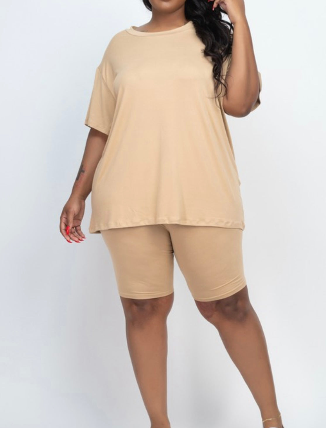 Plus Size Loose Fit Top T Shirt &biker Shorts Set Taupe