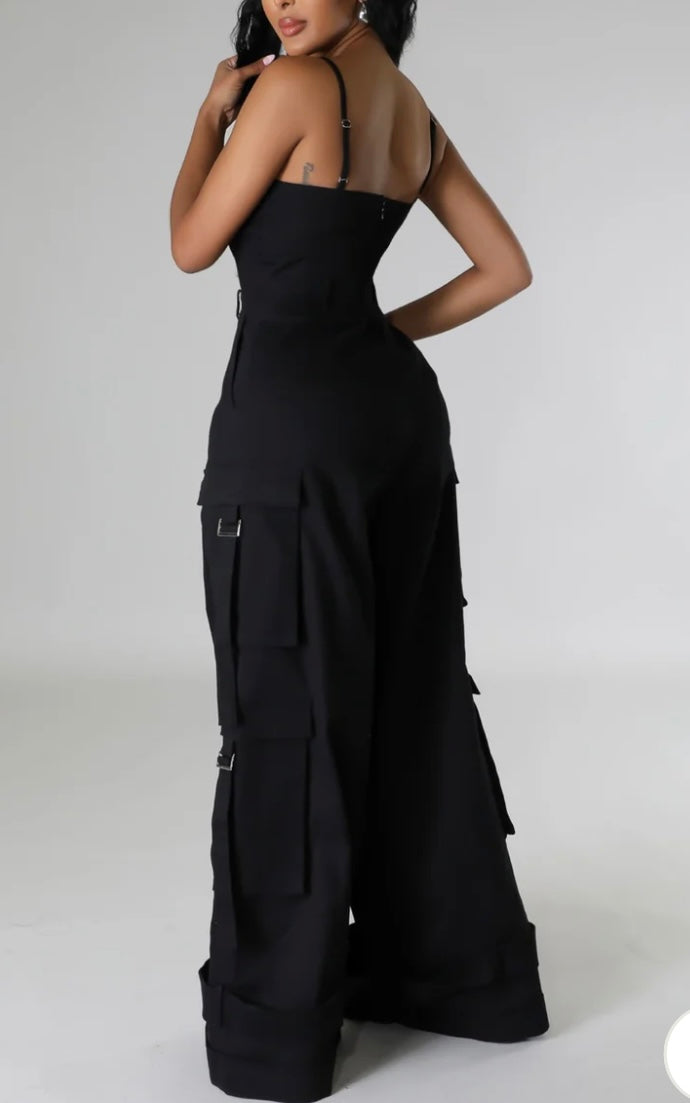 Gray Wide Leg Cargo Jumpsuit