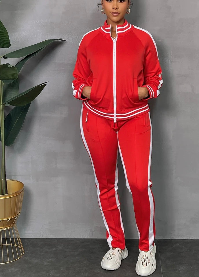 Long Sleeve Cold Shoulder Track Suit Red/White Na