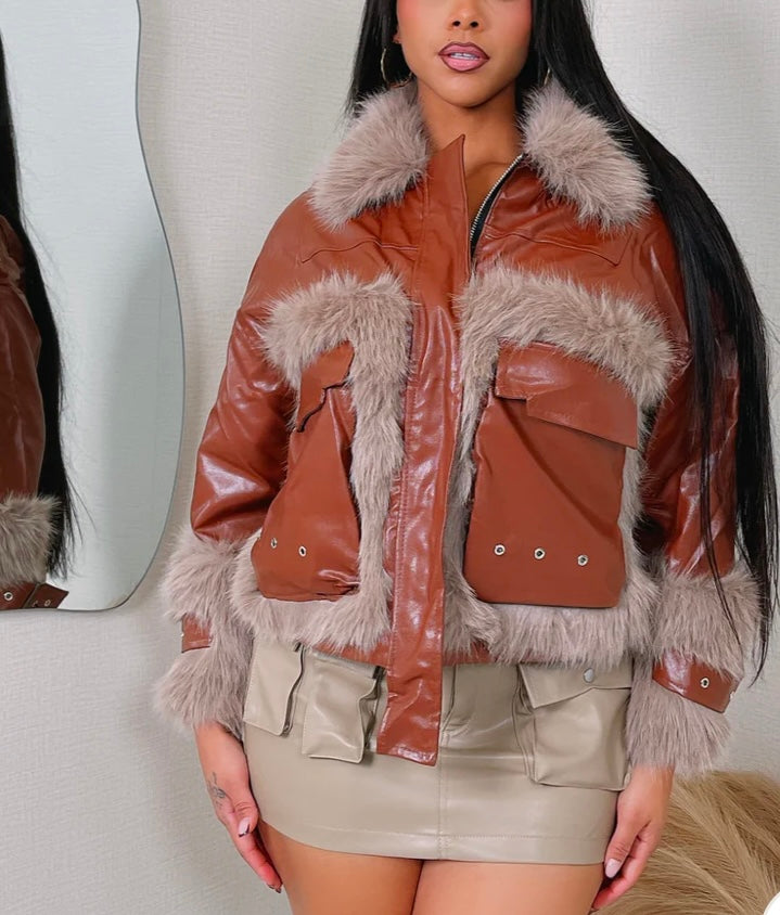 FUR DETAIL JACKET Brown