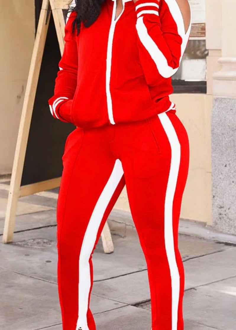 Long Sleeve Cold shoulder Track Suit Red