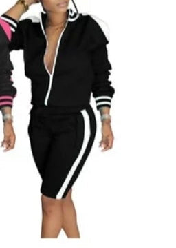 Long Sleeve Cold shoulder Track Short Suit Black/White