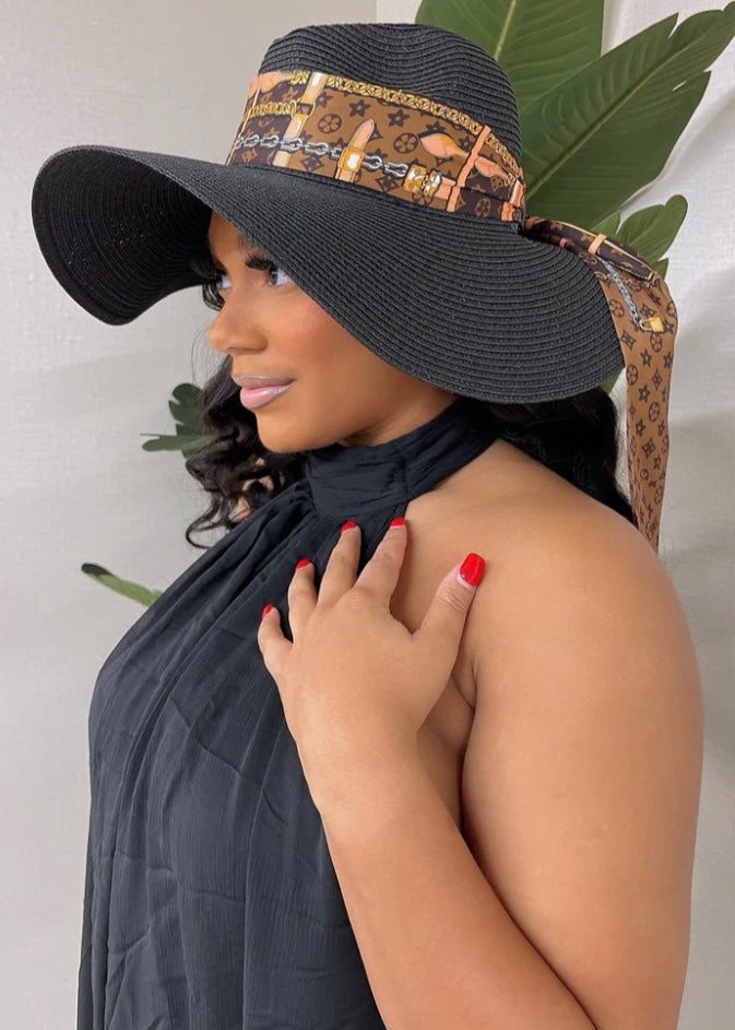 Sun Hat With Scarf Black/Brown