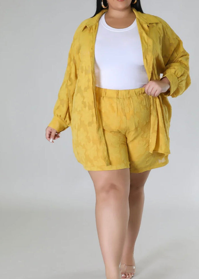 Button Shirt Short Set Plus Yellow