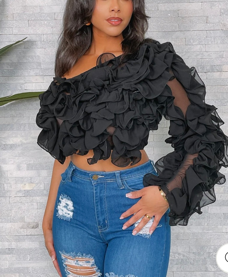 Ruffle One Shoulder Top Black