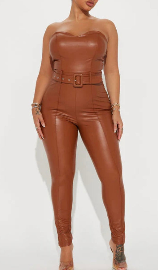 Faux Leather Jumpsuit With Belt Brown