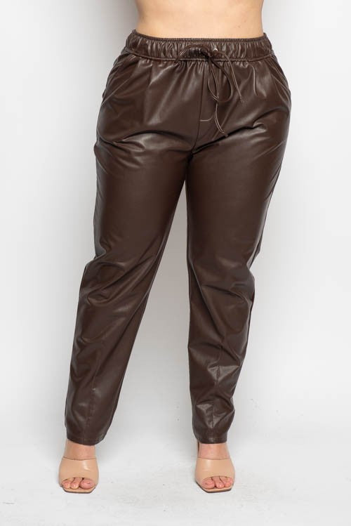 Plus Size Fux Leather Elastic Waist Jogger Leg Pan
