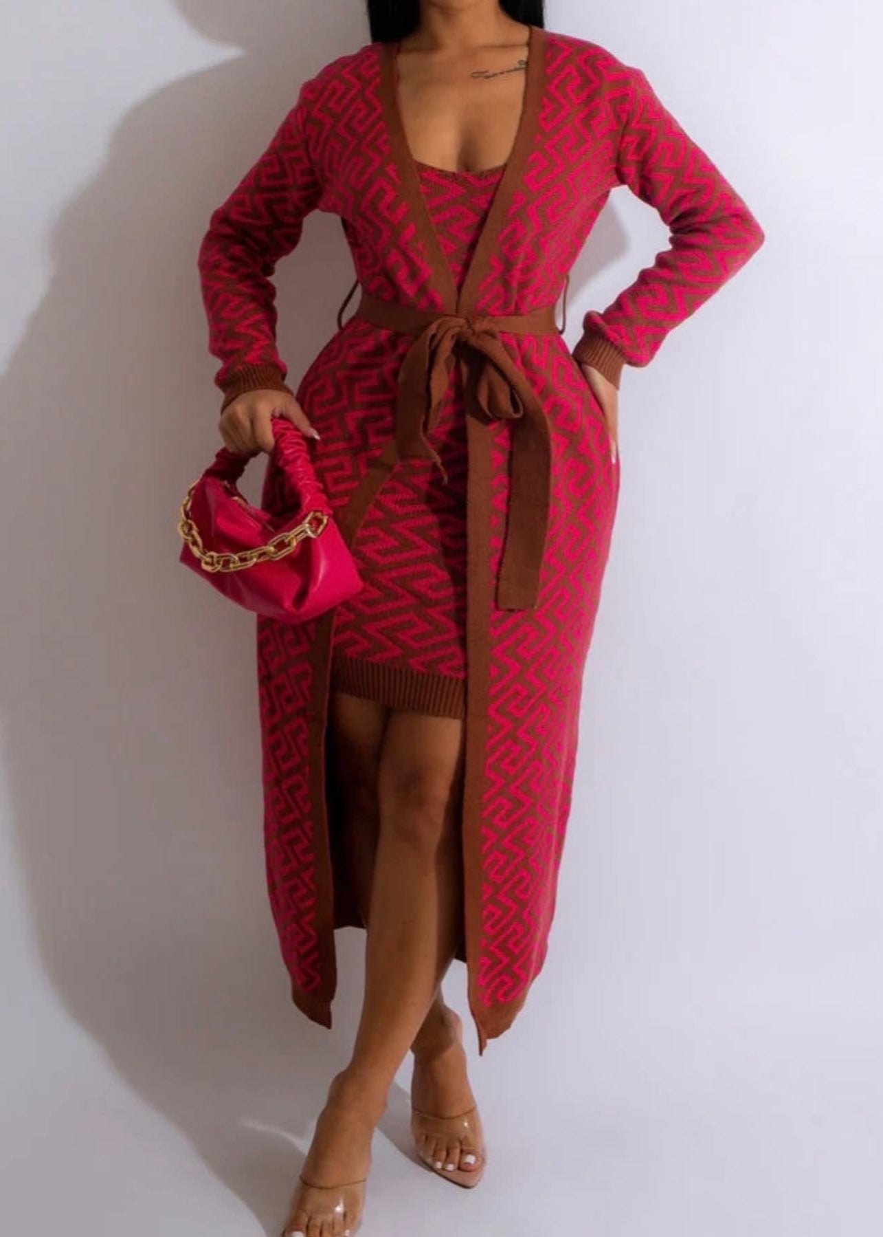 Sleeveless Knit Dress & Cardigan Pink