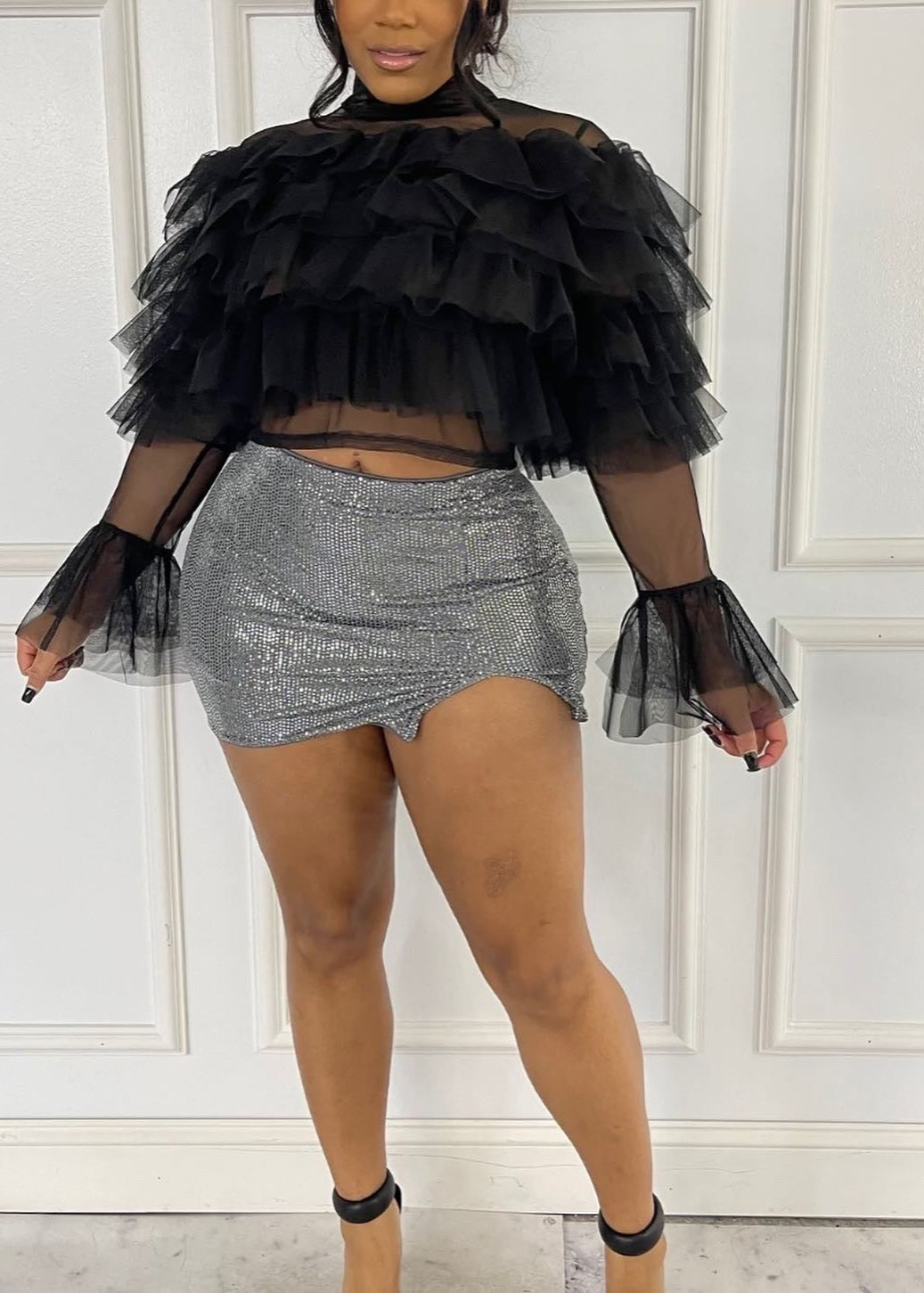 Mesh Ruffle Top New Black SALE