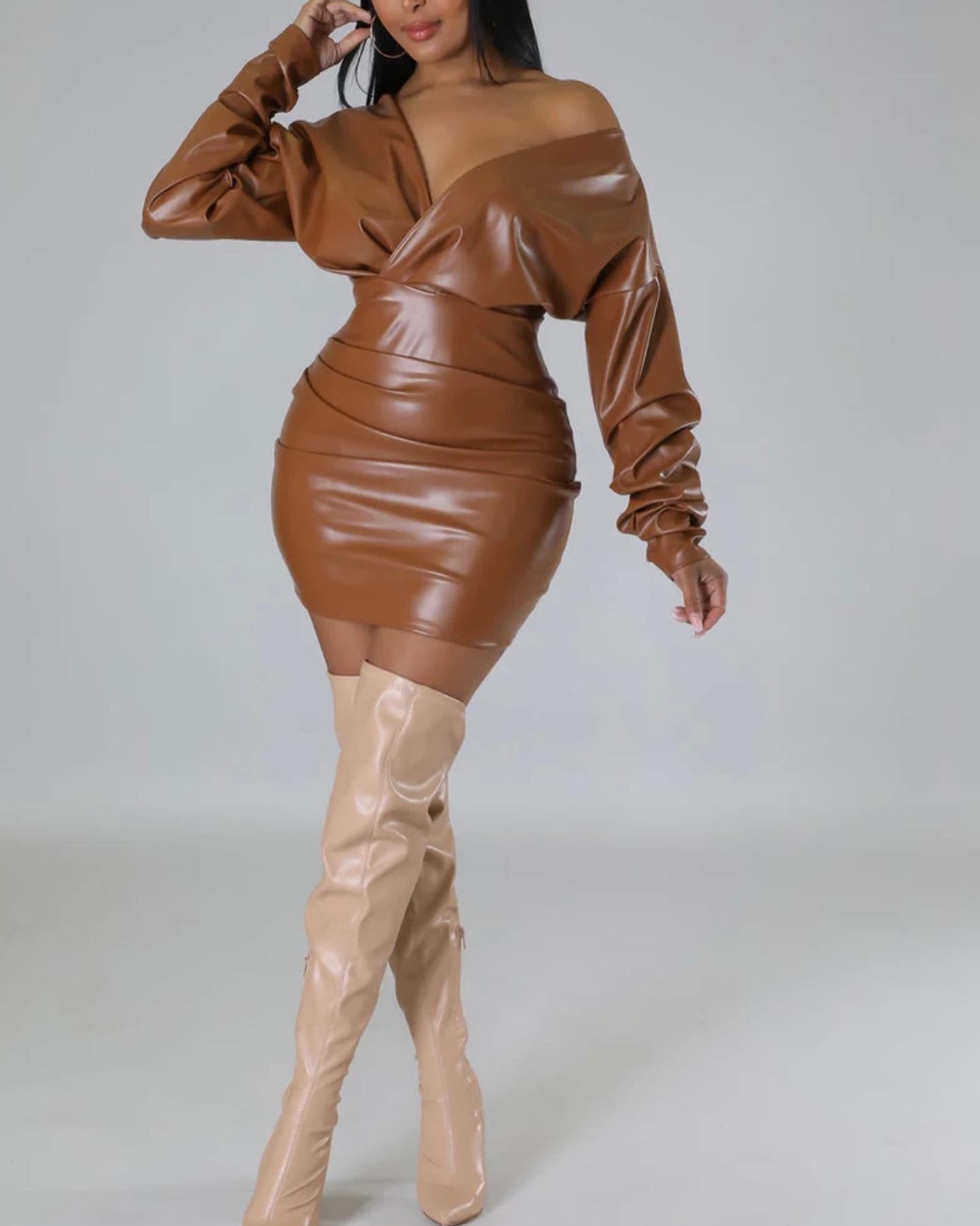 Faux Leather V -Neck Dress Dark Mocha