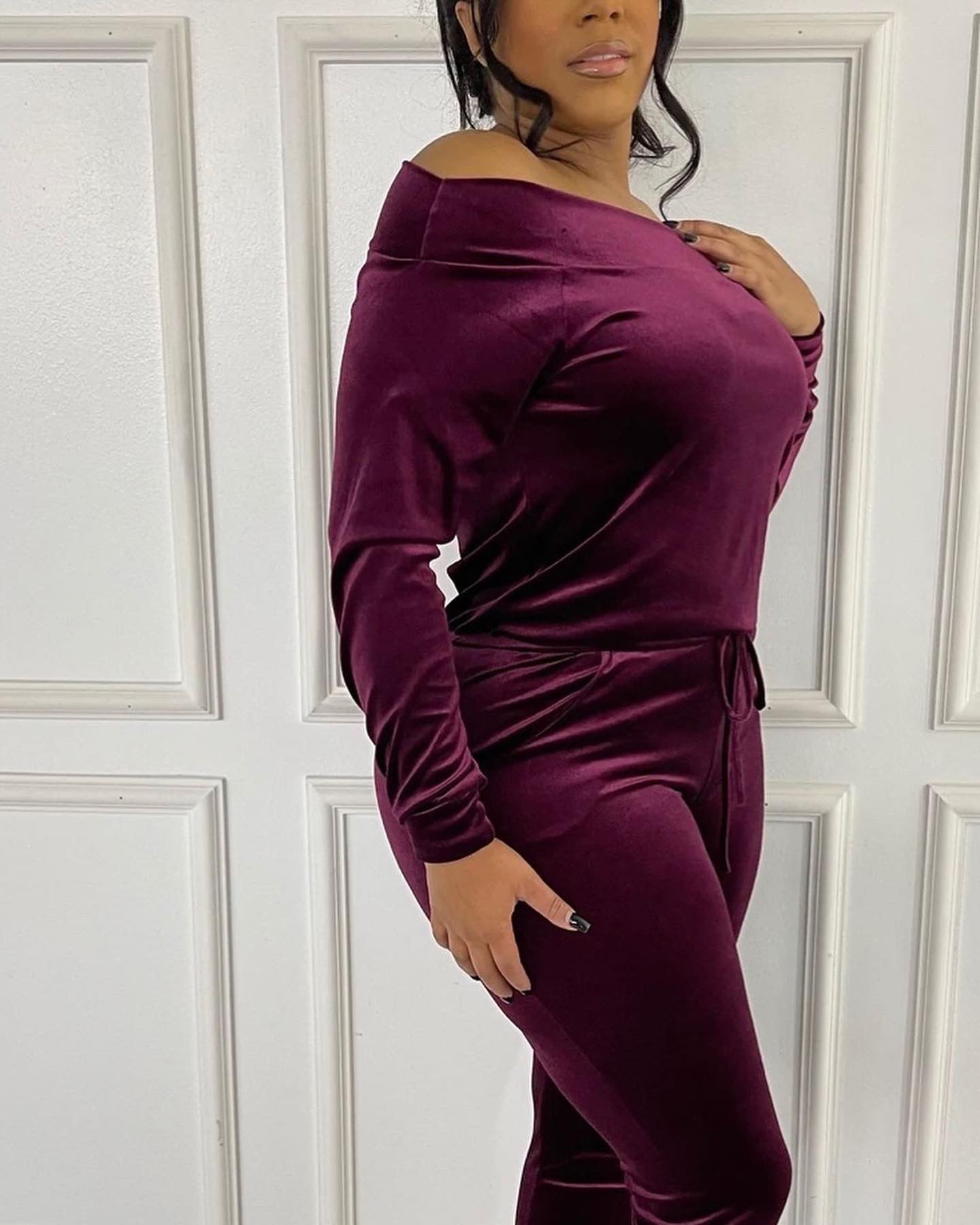 Velvet Off the Shoulder Jumpsuit Burgundy