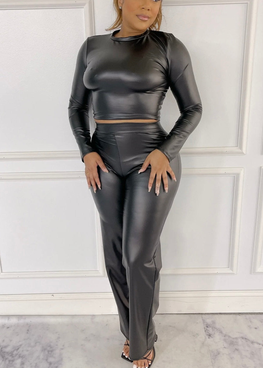 Long Sleeve Top And Pants Set Faux Leather SALE