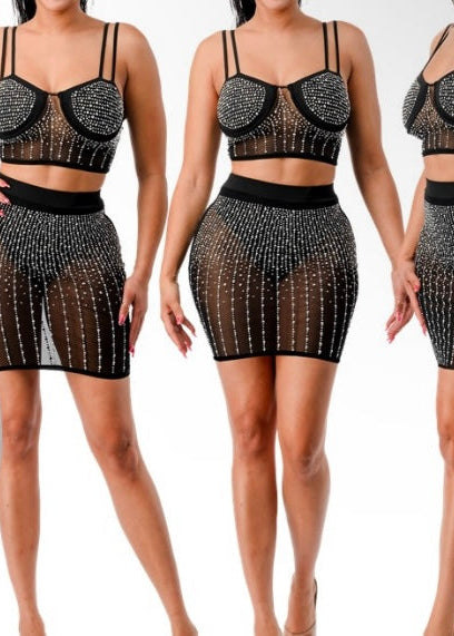 Rhinestone Two Piece Skirt And Top Set