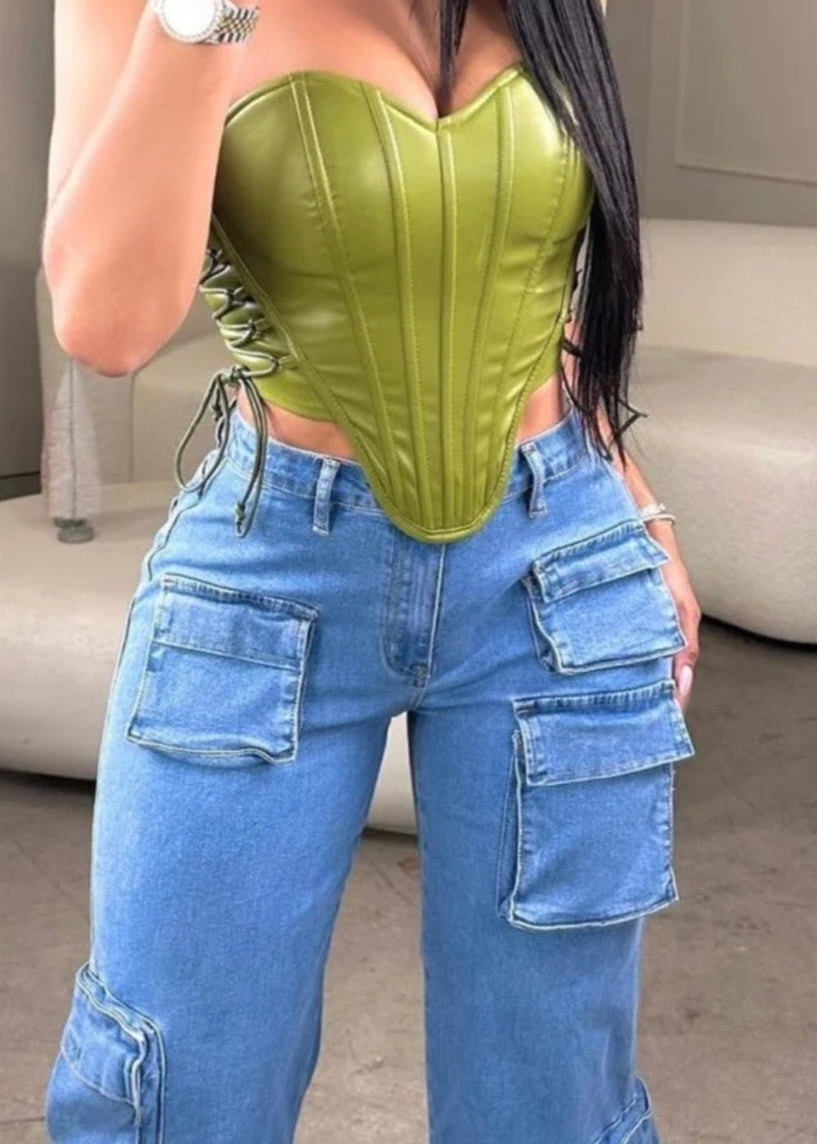 Lace Up Corset Top Olive NA