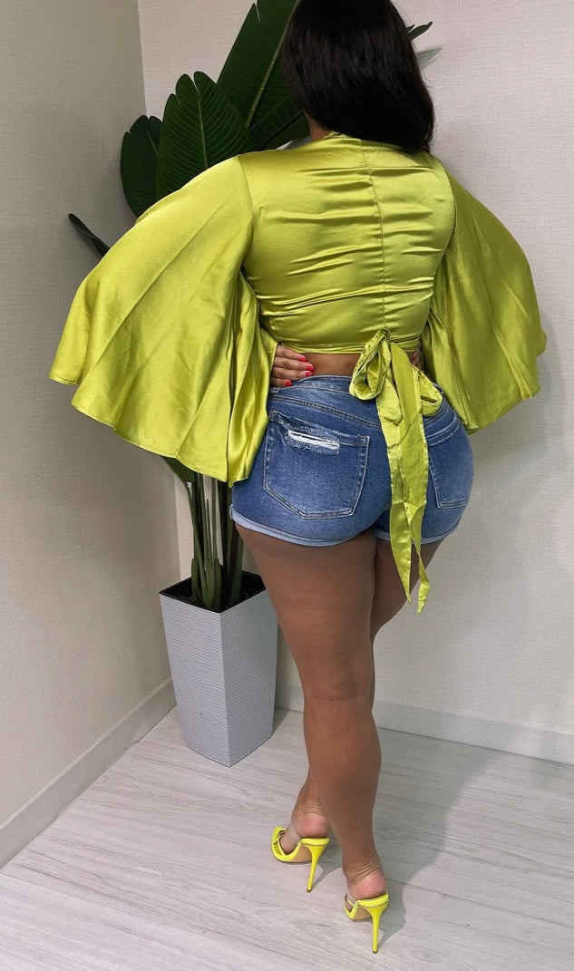 Satin Bell Sleeve Tie Top Kiwi