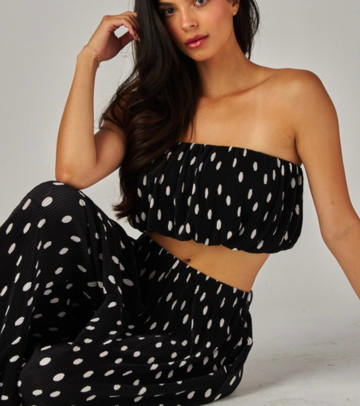 Polkadot Print Pleated Shimmer Two Piece Set Tube