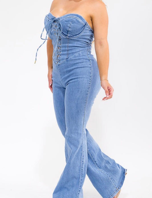 Plus	 Light Denim Off Shoulder Lace Up Wide Leg Jumpsuit
