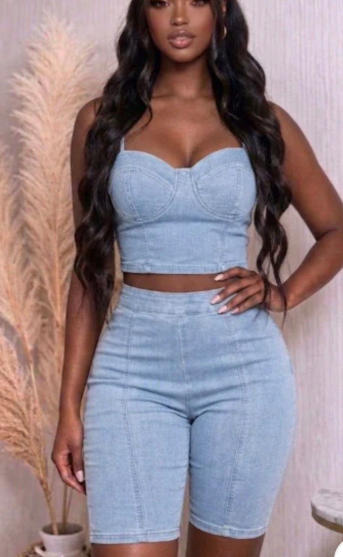 DENIM BRA BUSTIER TOP & BIKER SHORTS SET
