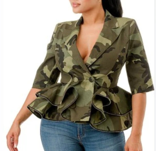 Camo Ruffle Zipper Peplum Blazer Jacket