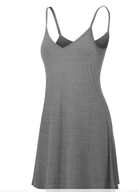 V Neck Spaghetti Strap Tunic Short Slip Dress HEATHER_DARK_GREY