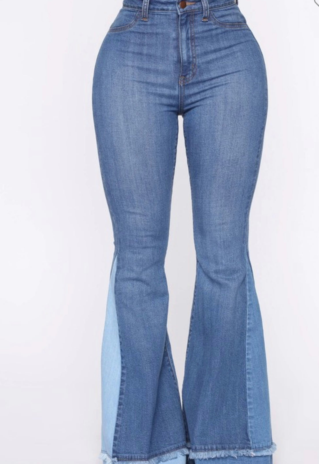 High Rise Medium Blue Two Tones Flare Jeans