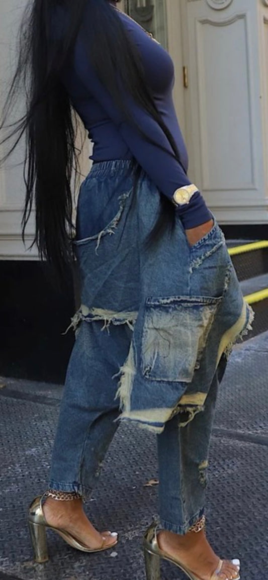 Trendy Distressed Denim Harem Pants