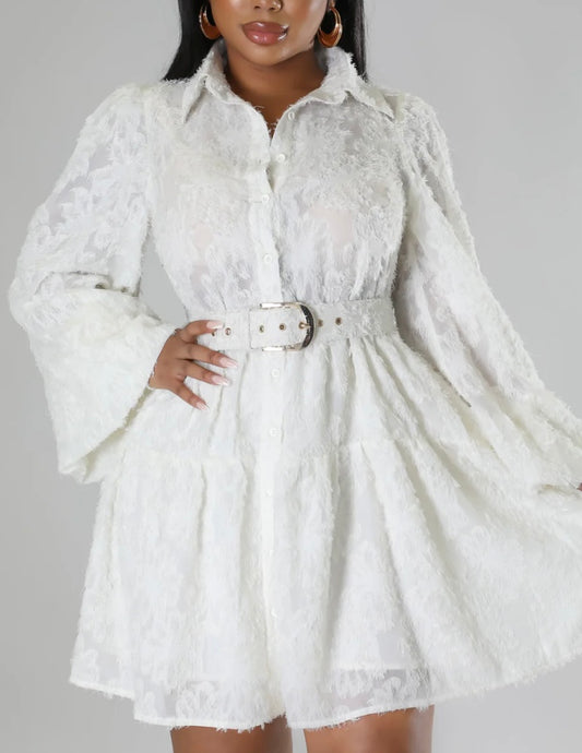 COLLAR WIDE LS MIDI DRESS White