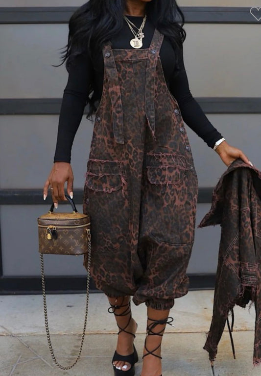 Leopard Print Denim Overall  Fuchsia OneSize