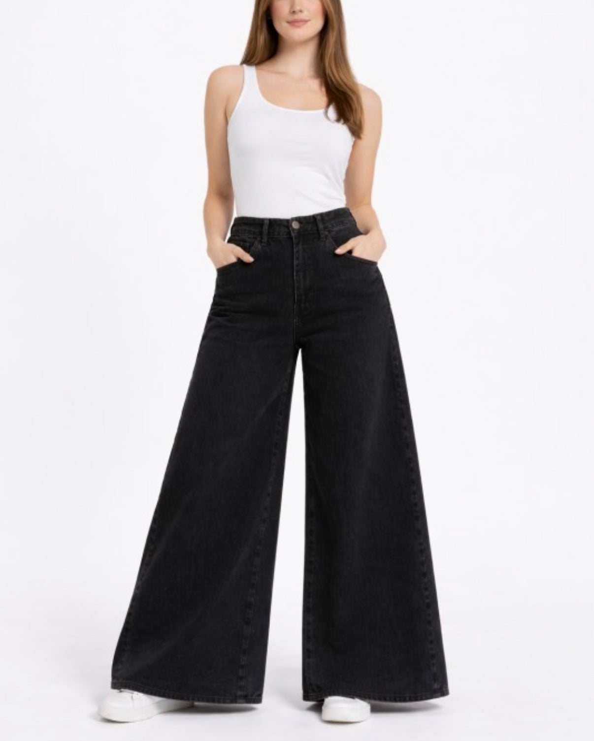 High Waist Denim Pants Pocket Baggy Jeans Wide Legs Stretchy