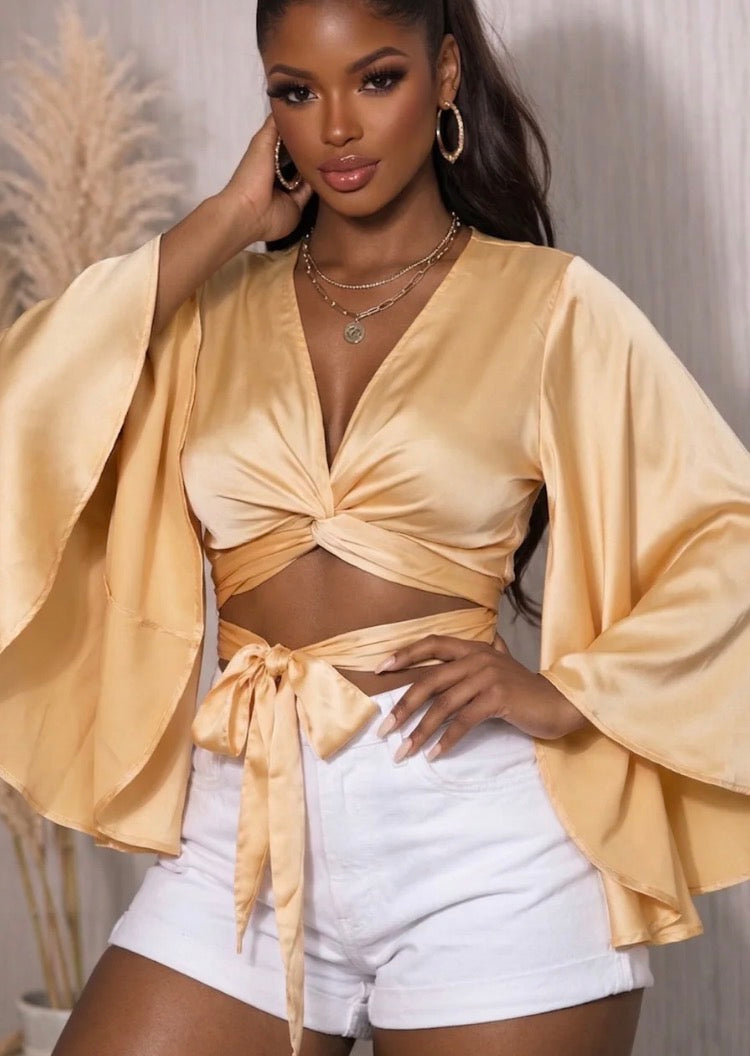 SATIN WRAP BELL SLEEVE TOP