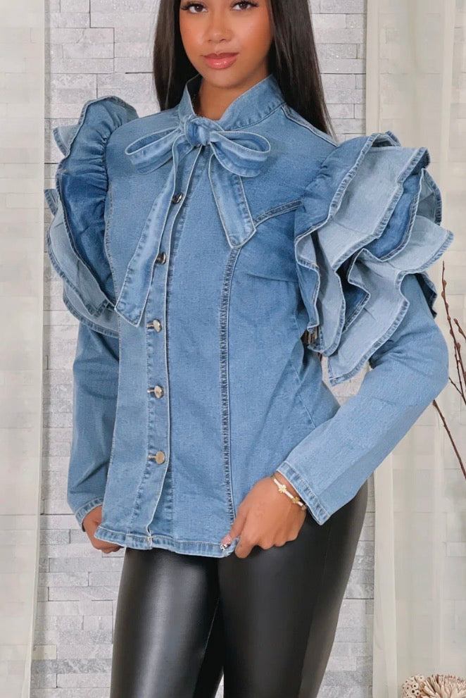LS RUFFLED SHOULDER TIE DENIM BLOUSE