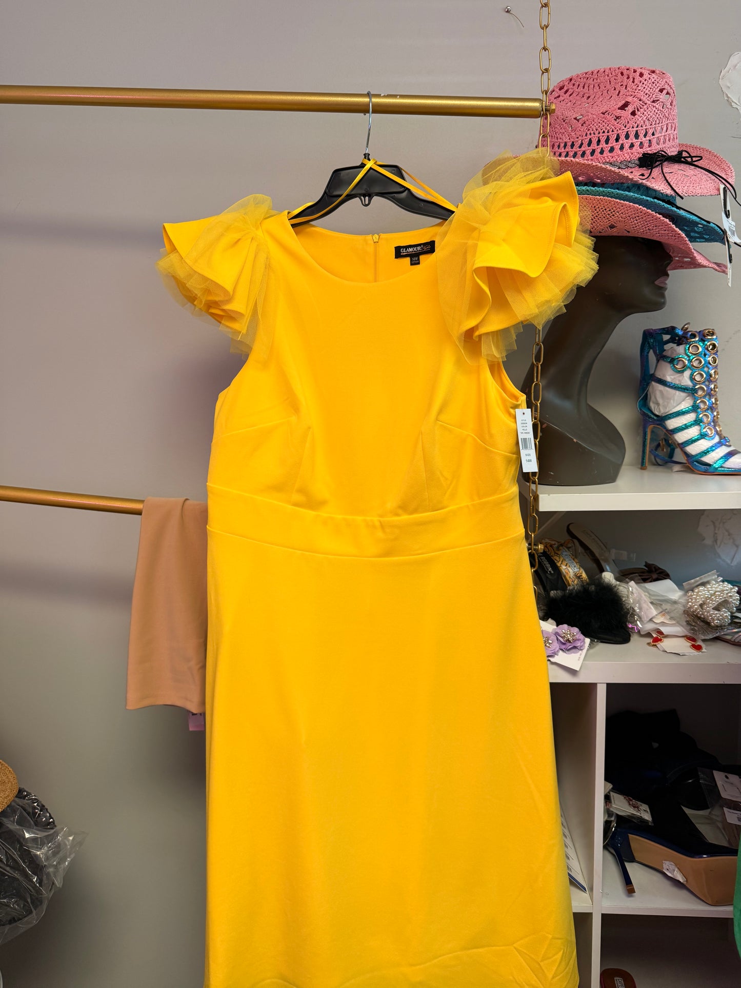 14w Ruffle And Lace Sleeve Dress Yellow