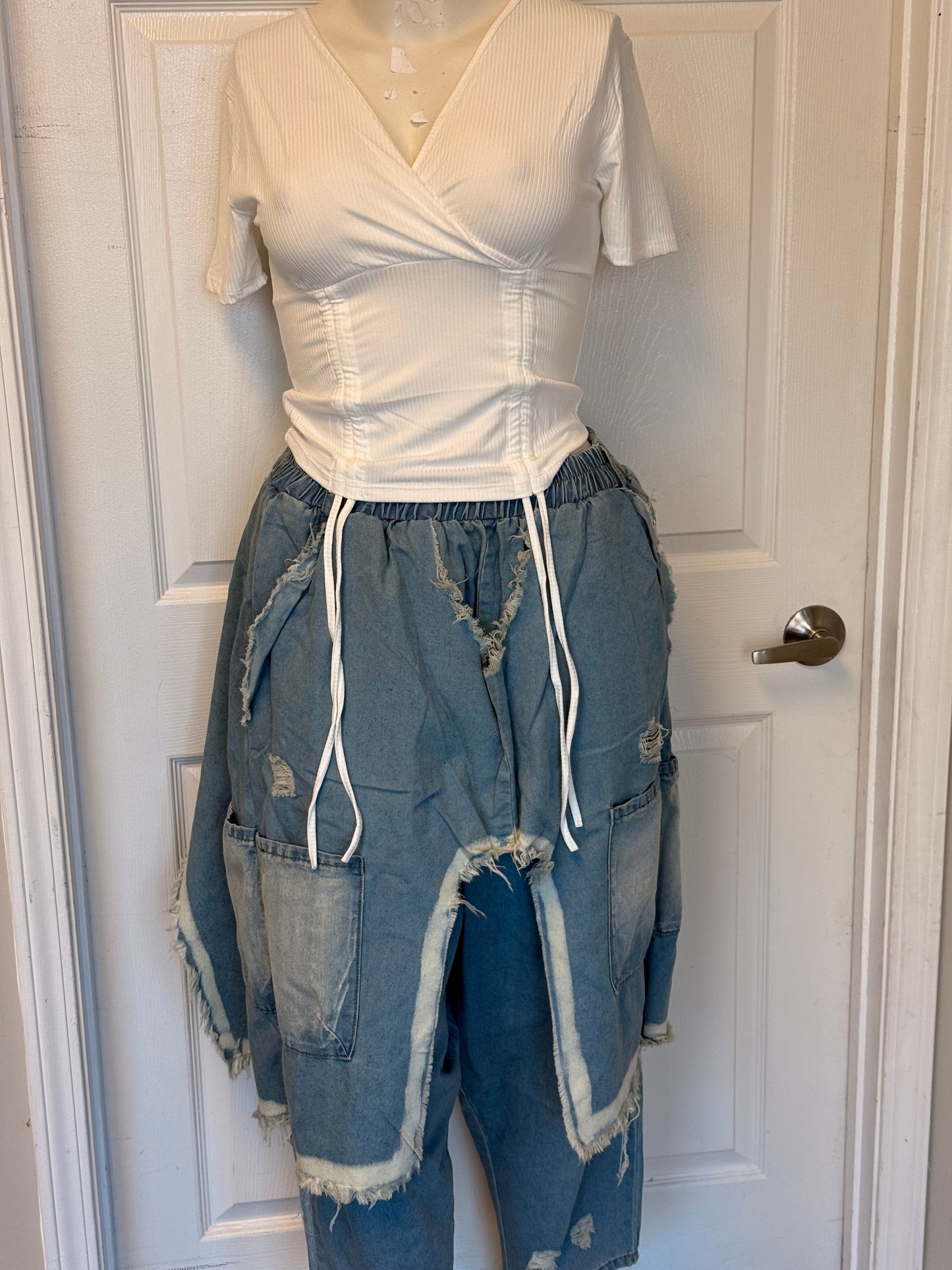 Trendy Distressed Denim Harem Pants Light
