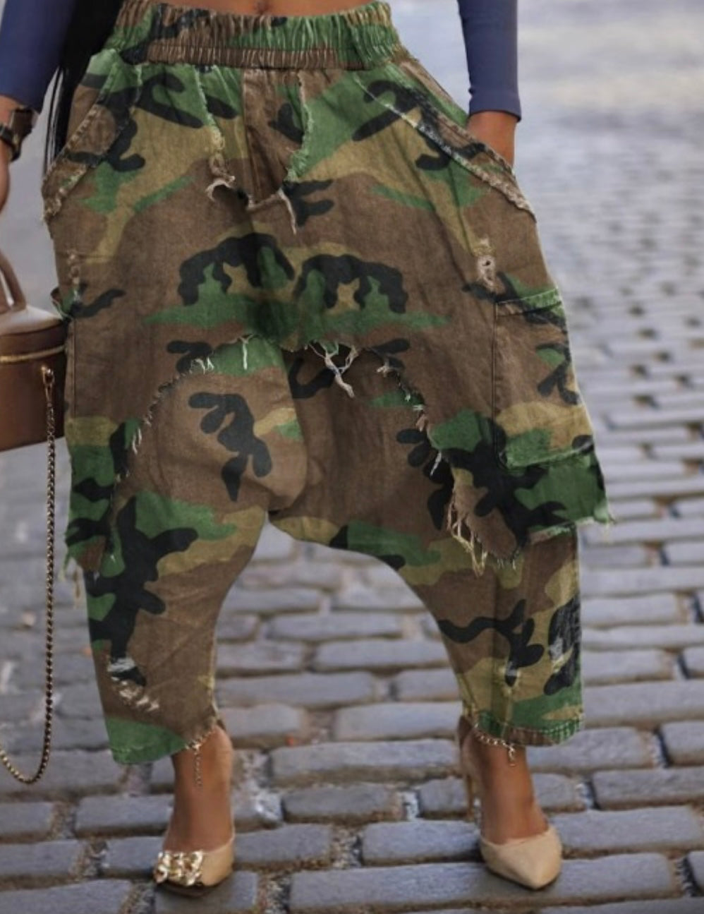 Trendy Distressed Denim Harem Pants Print