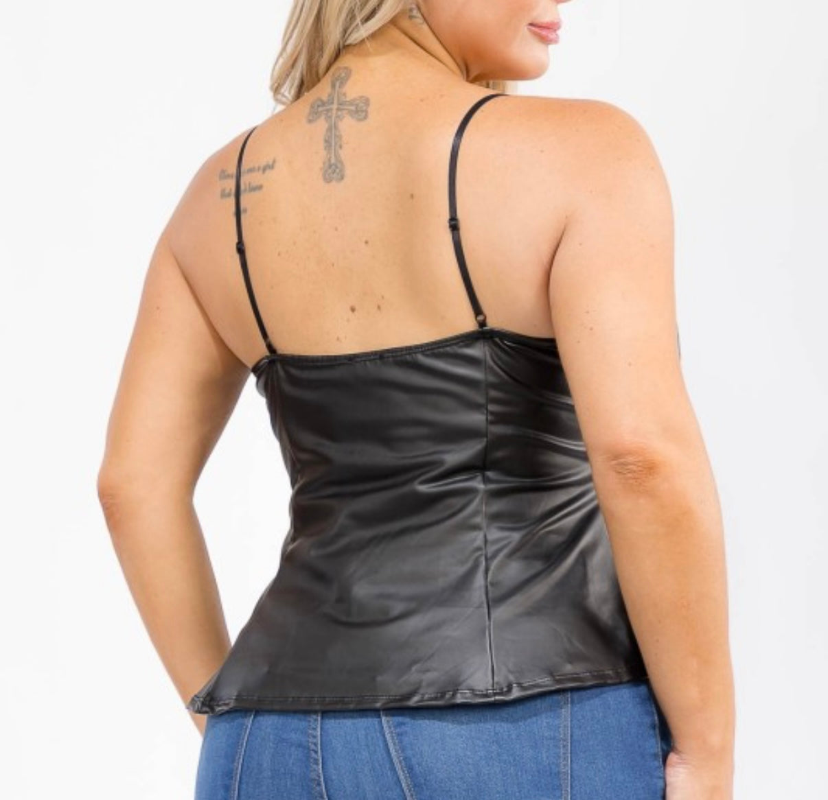 Plus Size Faux Leather Sweetheart Neck Peplum Tank