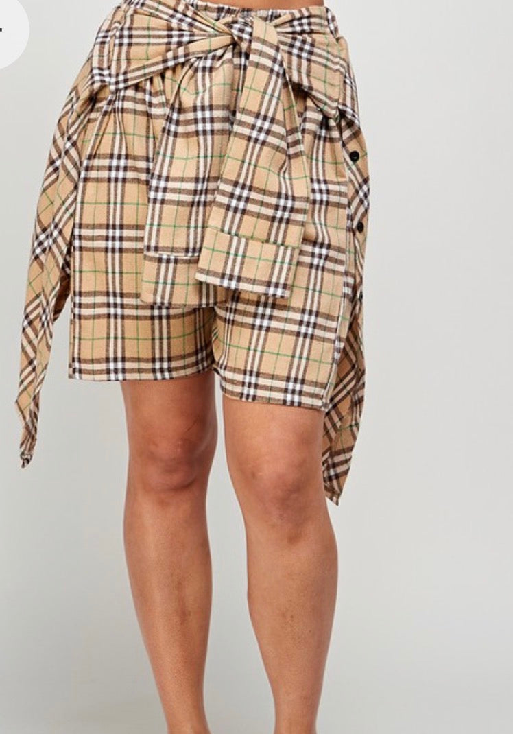 Plaid Shirt Overlayed Sleeve Tie Design Shorts