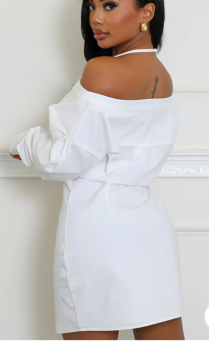 STRAP OFF SHOULDER LS SHIRTS DRESS White