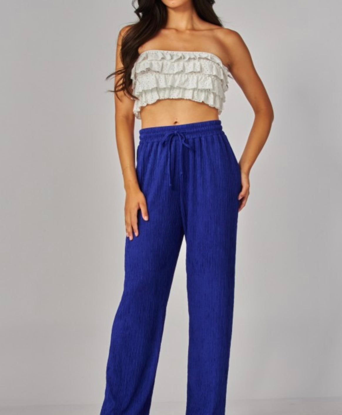 Crinkled Plisse Drawstring Pants BLUE
