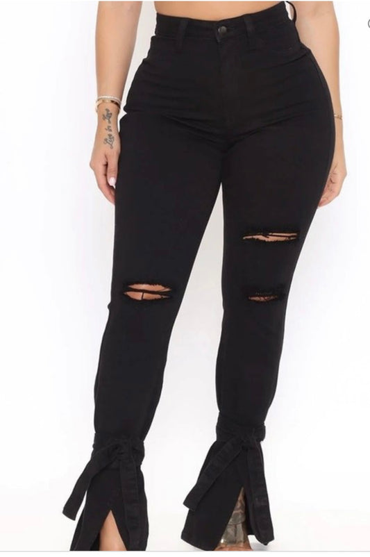 High Rise Ankle Tied Destroyed Black Pants
