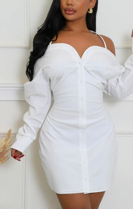 STRAP OFF SHOULDER LS SHIRTS DRESS White