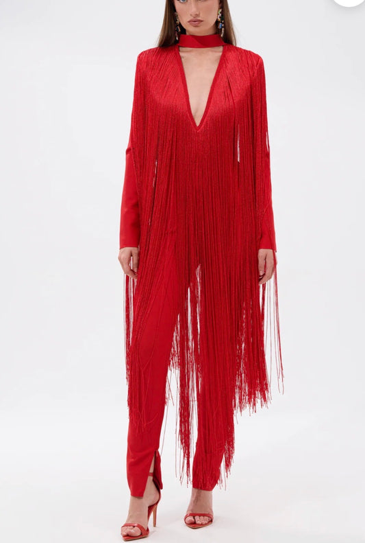 Fringed Detail Jumpsuit A Red